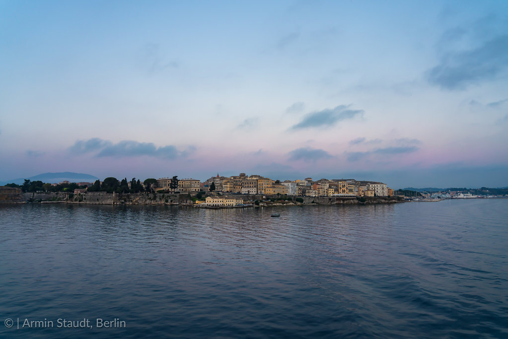 Corfu town from the sea at sunrise